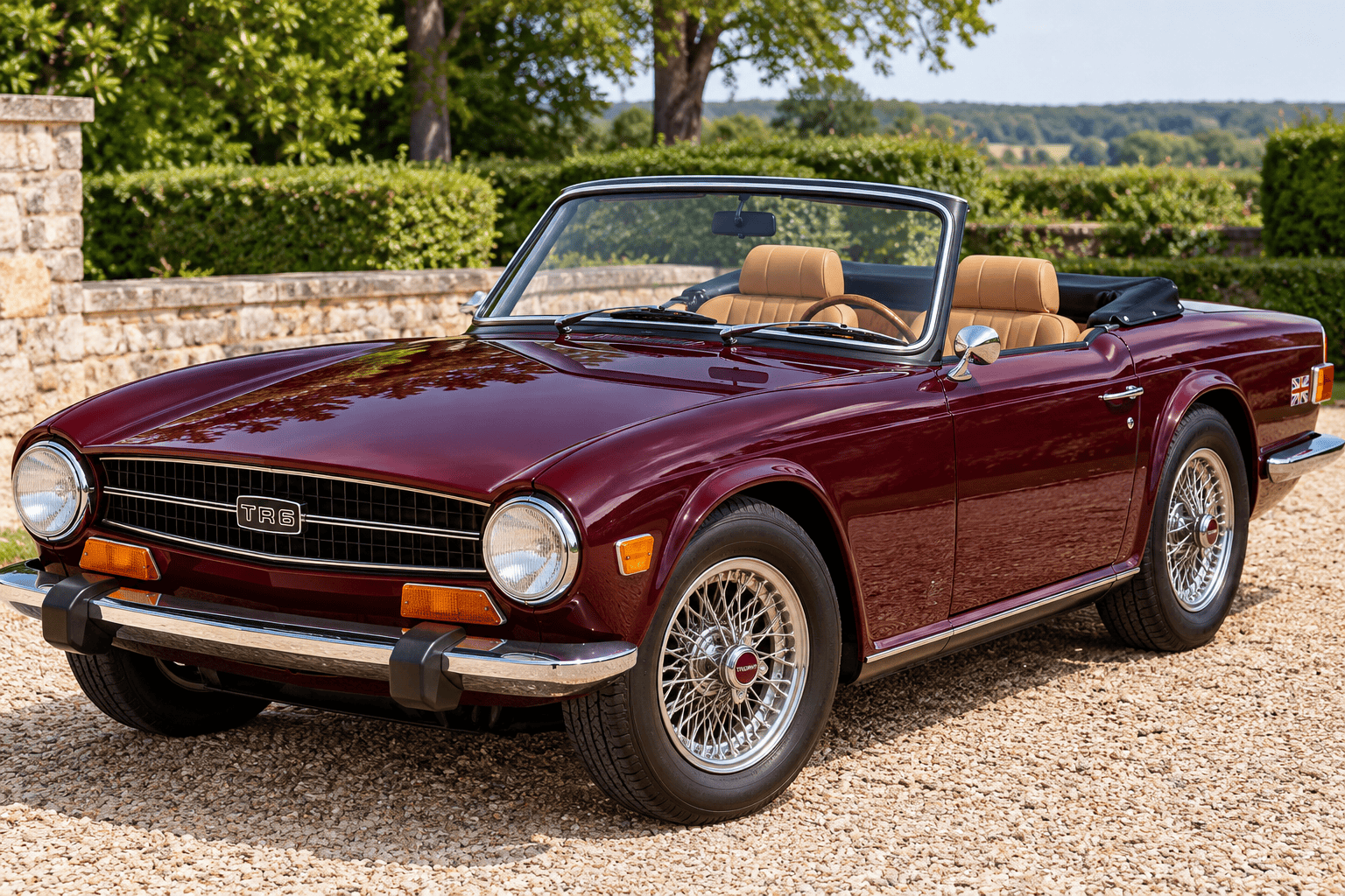 Illustrative recreation of a burgundy 1977 Triumph TR6 convertible with camel-colored leather interior.